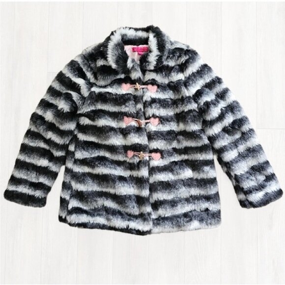 Betsey Johnson Black and White Faux Fur Coat with Pink Accents - Picture 1 of 2